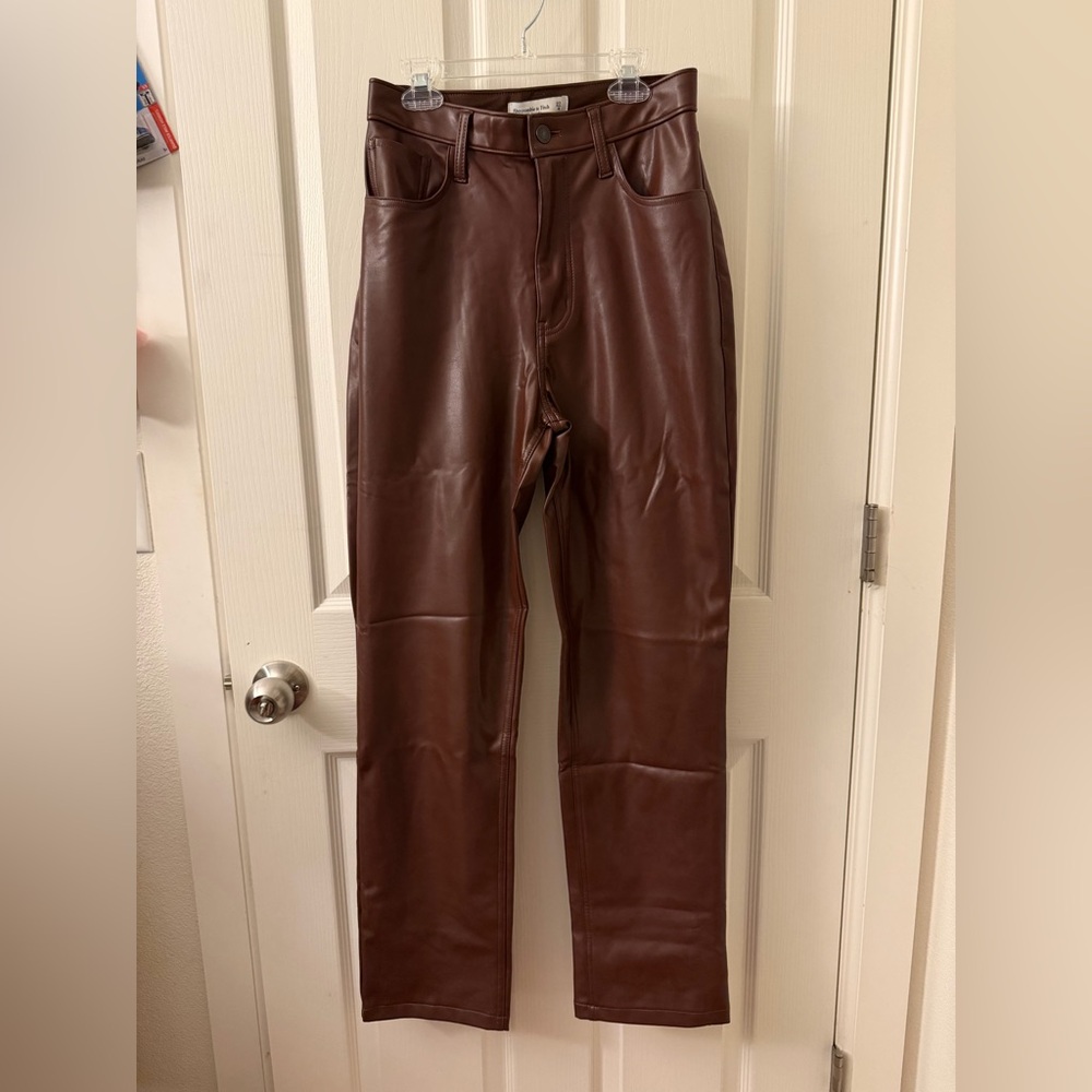 Abercrombie & Fitch Brown High-Rise Faux Leather Straight Leg Pants